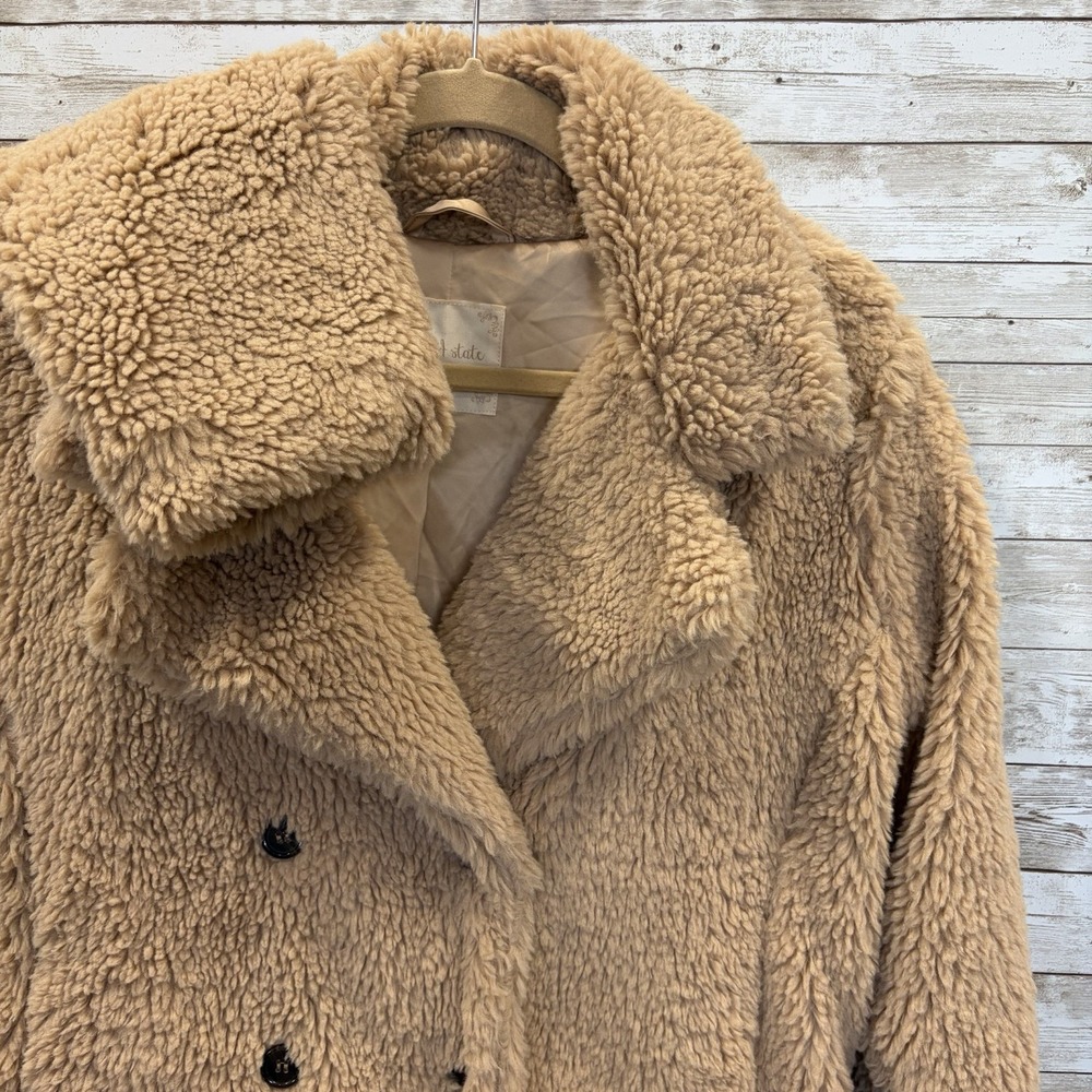 Altar'd State Womens L Coat Faux Fur Tan Beige Double Breasted Teddy Bear Fur